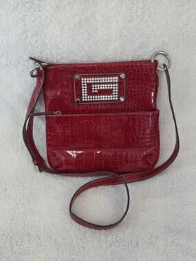 GUESS Chastity Croc Embossed Rhinestone Logo Crossbody Messenger Bag Purse Red